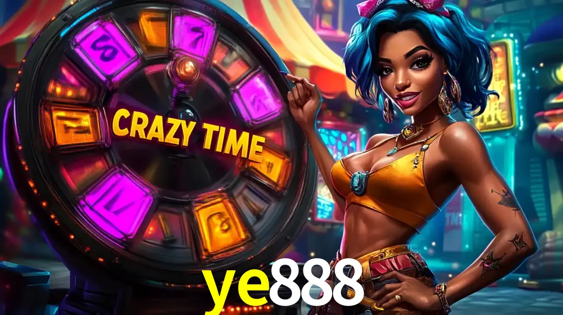 Mulher estilizada com cabelo azul e visual vibrante posando ao lado da roda de prêmios do game show Crazy Time, convidando para a diversão e os bônus do cassino ye888.