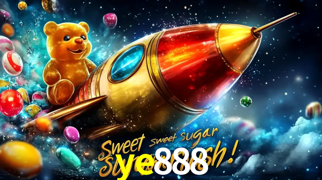 Arte promocional do jogo de slot Sugar Rush, com um urso de pelúcia em um foguete viajando pelo espaço de doces, um dos jogos divertidos disponíveis no cassino ye888.